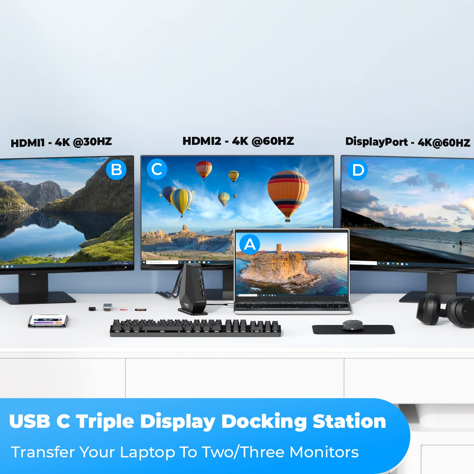 DisplayLink Docking Station 3 Monitors with 65W Power Supply, 4URPC Triple 4K Display Docking Station for MacBook Pro/Air, Dell HP Lenovo Surface Acer, with 2 HDMI, DP, 6 USB, Gigabit Ethernet, SD/TF