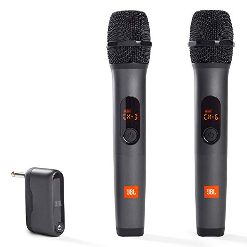 JBL PartyBox On-The-Go Powerful Portable Bluetooth Party Speaker with Dynamic Light Show, black and JBL Wireless Two Microphone System with Dual-Channel Receiver, Black