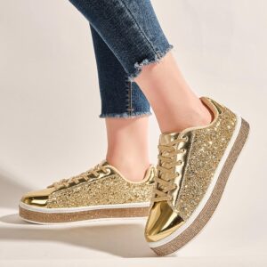 UUBARIS Women's Glitter Tennis Sneakers Neon Dressy Sparkly Sneakers Rhinestone Bling Wedding Bridal Shoes Shiny Sequin Shoes Gold Size 11