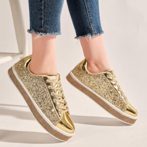 UUBARIS Women's Glitter Tennis Sneakers Neon Dressy Sparkly Sneakers Rhinestone Bling Wedding Bridal Shoes Shiny Sequin Shoes Gold Size 11