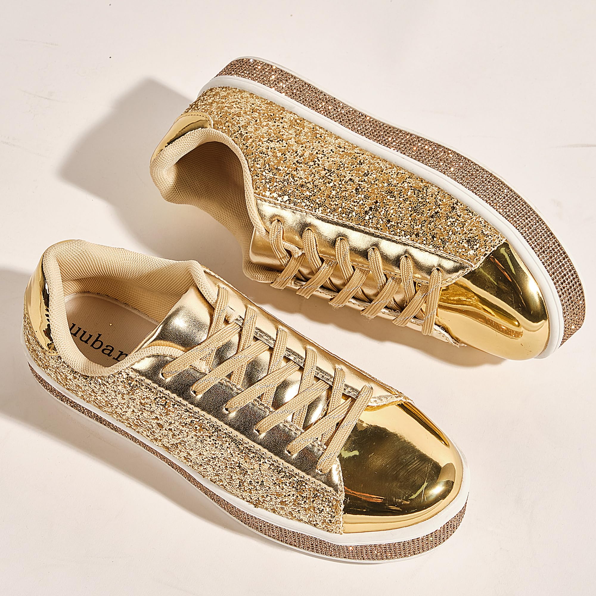 UUBARIS Women's Glitter Tennis Sneakers Neon Dressy Sparkly Sneakers Rhinestone Bling Wedding Bridal Shoes Shiny Sequin Shoes Gold Size 11