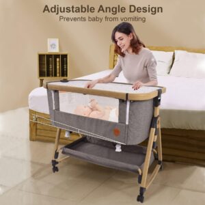 Maydolly Baby Bedside Sleeper, Rocking Bassinets Bedside with Storage Basket and Wheels, Baby Crib Adjustable Height Portable Baby Bed for Newborn Infant (Grey)