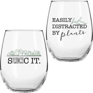 on the rox drinks plant lady succulent cactus gifts for women- set of 2 funny wine glasses 15oz (easily distracted by plants - s**c it)