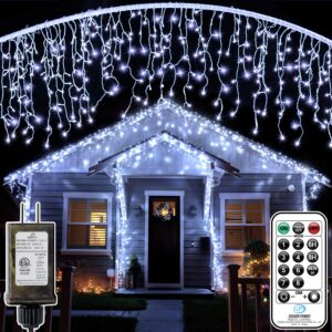 christmas icicle lights outdoor 33ft 400led outdoor waterproof holiday decorations lights with remote control, 8 modes, outside christmas lights for house, porch, eave, garden wall decor (white)