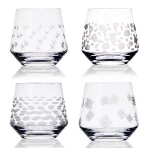 1917 hand blown etched stemless wine glasses set of 4-12.8oz, wine tumblers for red and white wine, water glasses, drinking glasses gift cup sets