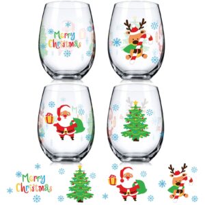 patelai 4 pieces christmas wine glass, 17 oz merry christmas wine glass christmas stemless wine glass creative christmas gifts for women men family friends