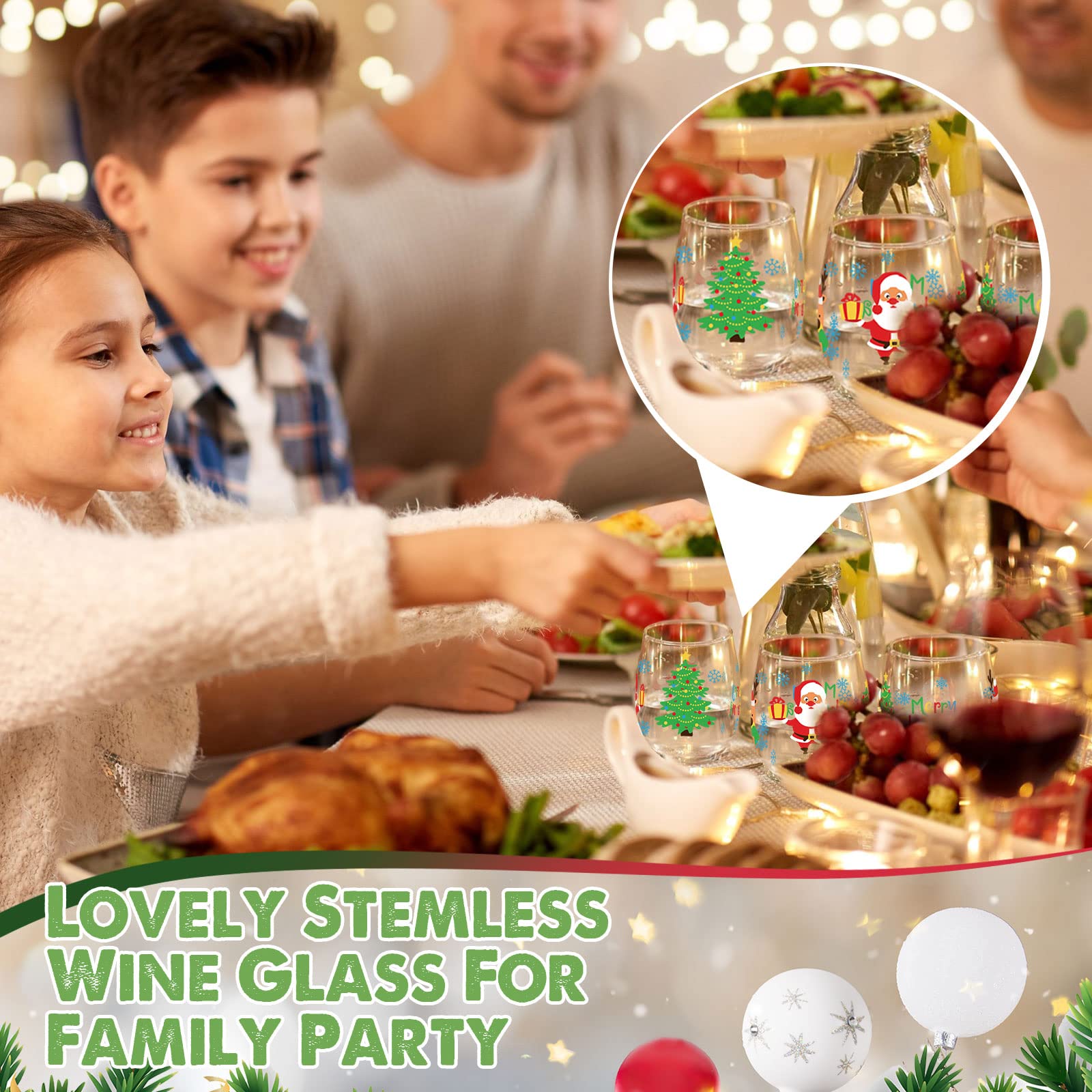 Patelai 4 Pieces Christmas Wine Glass, 17 oz Merry Christmas Wine Glass Christmas Stemless Wine Glass Creative Christmas Gifts for Women Men Family Friends