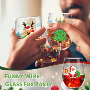 Patelai 4 Pieces Christmas Wine Glass, 17 oz Merry Christmas Wine Glass Christmas Stemless Wine Glass Creative Christmas Gifts for Women Men Family Friends