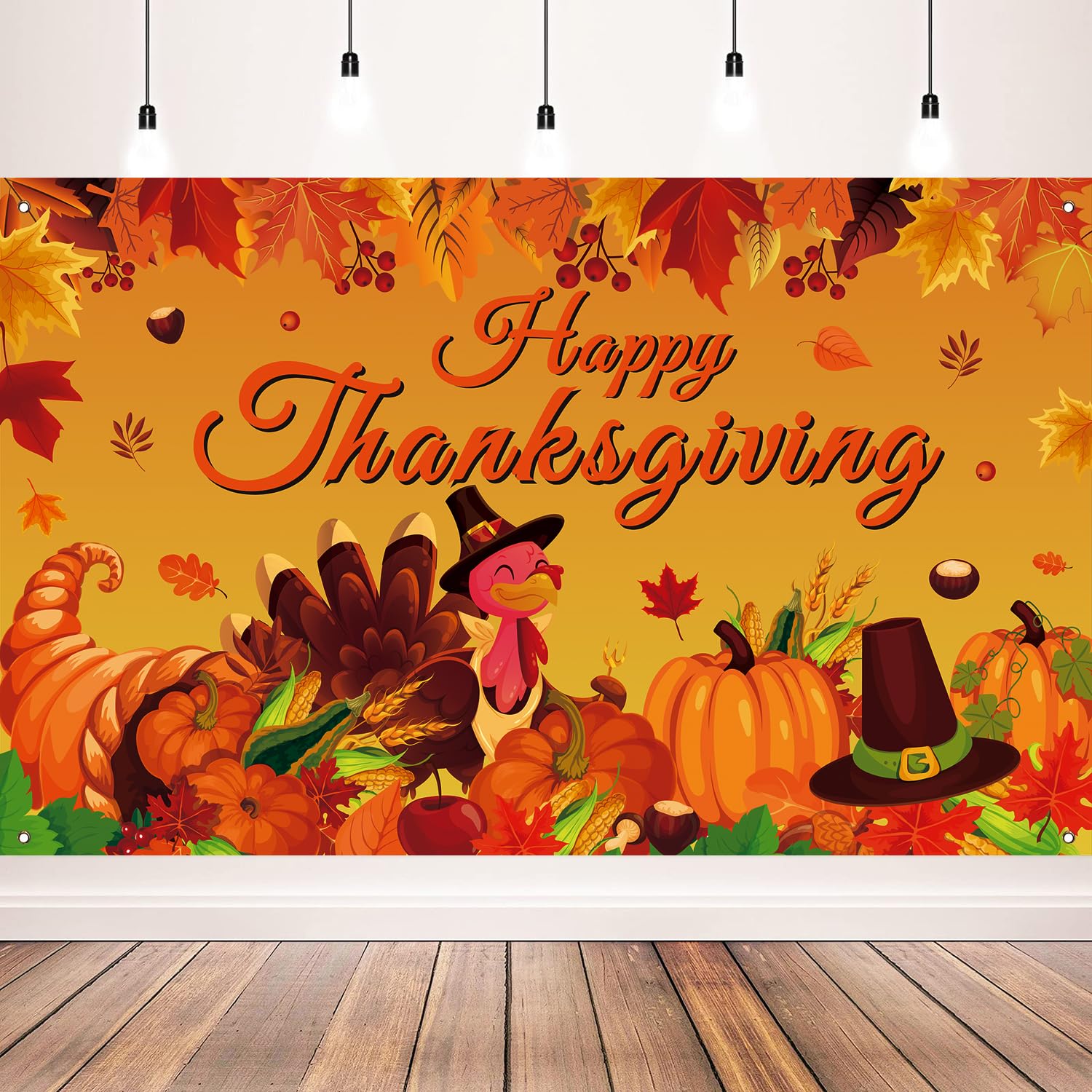 Happy Thanksgiving Photo Backdrop, Fall Maple Leaves Turkey Pumpkin Themed Thanksgiving Banner for Thanksgiving Party Decorations, 71x43 Inches