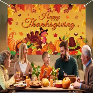 Happy Thanksgiving Photo Backdrop, Fall Maple Leaves Turkey Pumpkin Themed Thanksgiving Banner for Thanksgiving Party Decorations, 71x43 Inches