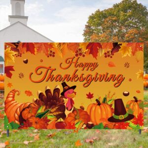 Happy Thanksgiving Photo Backdrop, Fall Maple Leaves Turkey Pumpkin Themed Thanksgiving Banner for Thanksgiving Party Decorations, 71x43 Inches