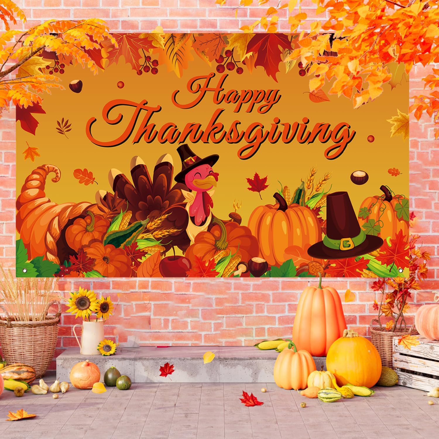 Happy Thanksgiving Photo Backdrop, Fall Maple Leaves Turkey Pumpkin Themed Thanksgiving Banner for Thanksgiving Party Decorations, 71x43 Inches