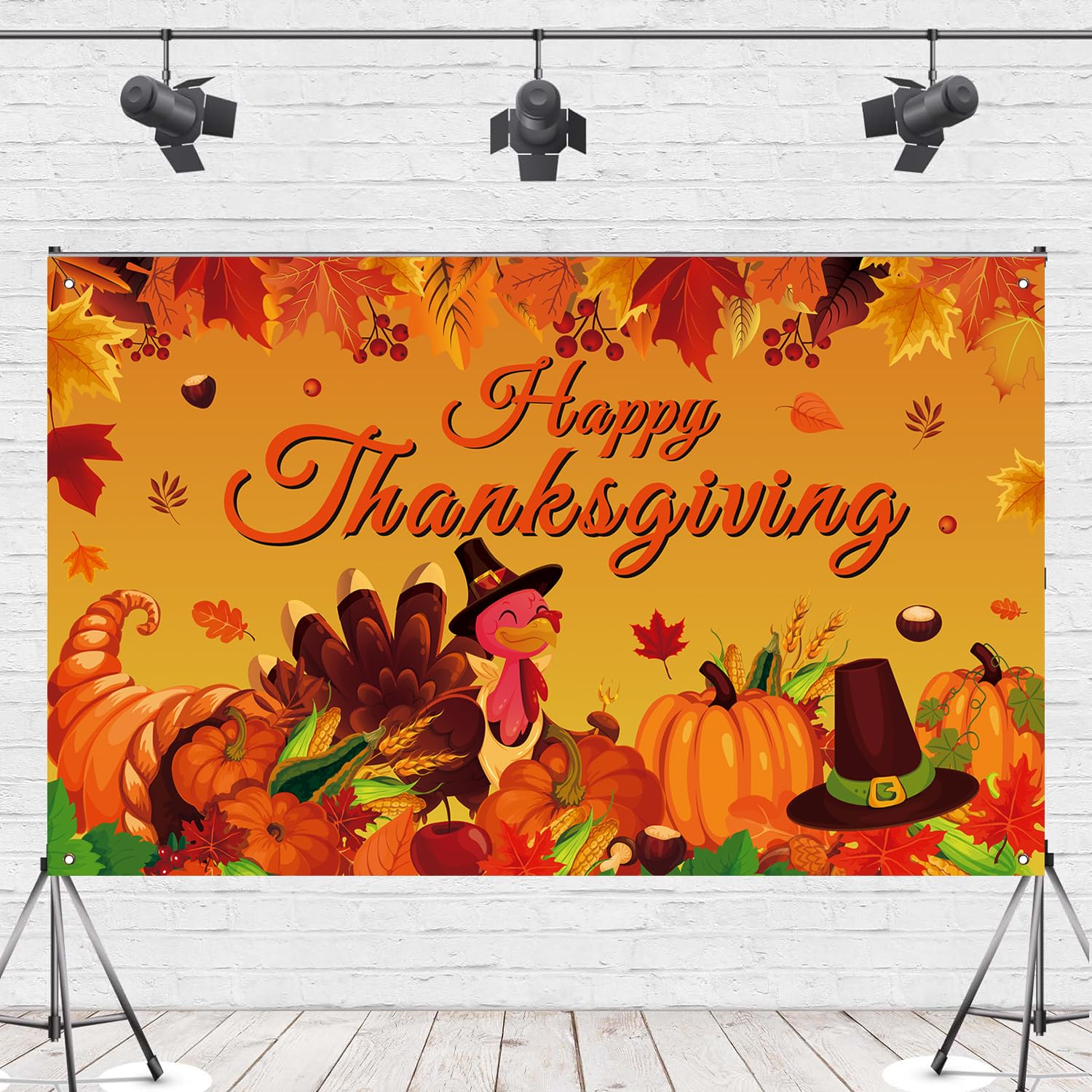 Happy Thanksgiving Photo Backdrop, Fall Maple Leaves Turkey Pumpkin Themed Thanksgiving Banner for Thanksgiving Party Decorations, 71x43 Inches