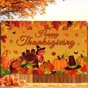 Happy Thanksgiving Photo Backdrop, Fall Maple Leaves Turkey Pumpkin Themed Thanksgiving Banner for Thanksgiving Party Decorations, 71x43 Inches