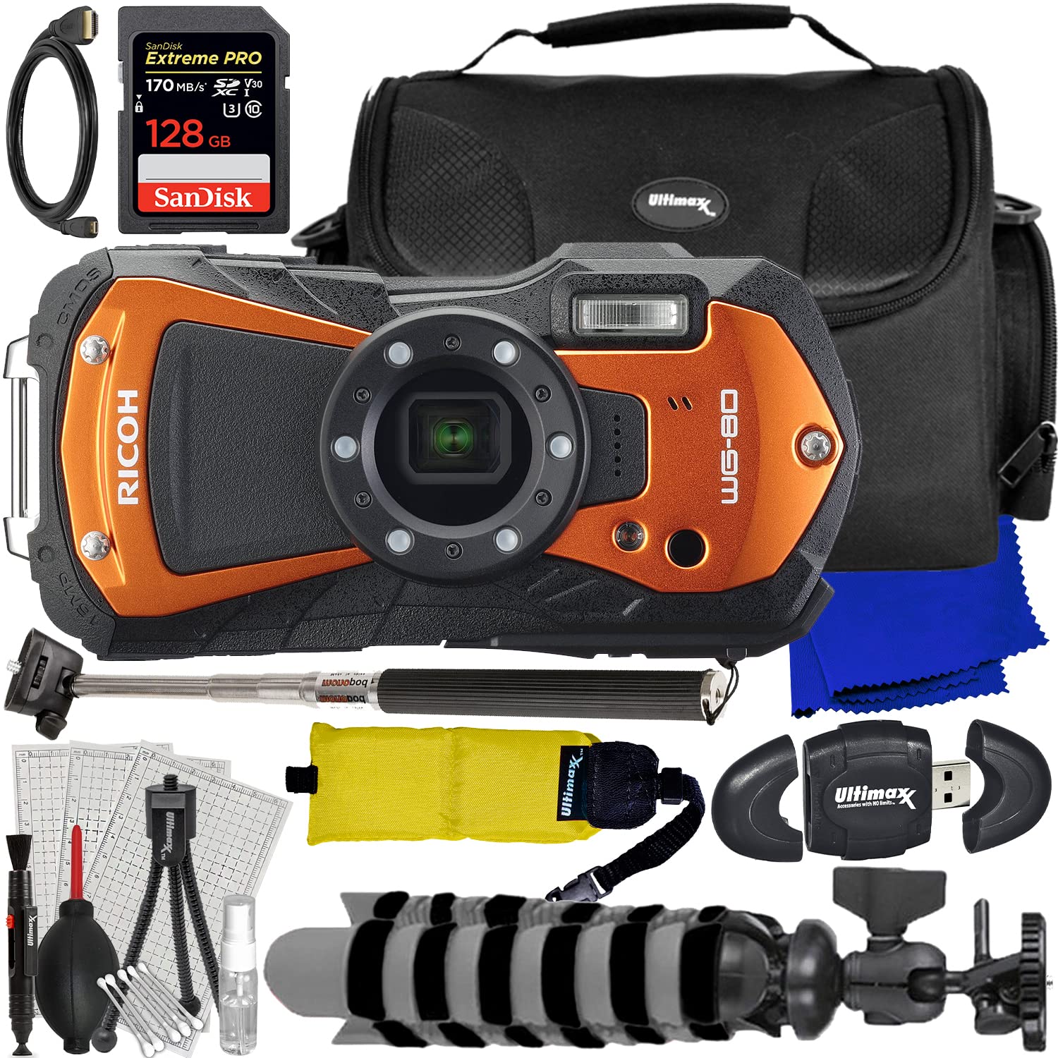 Ultimaxx Advanced Bundle + Ricoh WG-80 Digital Camera (Orange) + SanDisk 128GB Extreme Pro SDXC, Selfie-Stick, Water-Resistant Gadget Bag, “Gripster” Tripod, Floating Wrist Strap & More (21pc Bundle)