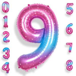 RainbowQ Party 9 Balloon Number 40 Inch for Boy or Girl Big Starry 0-9 Foil Mylar Large 9 Number Balloon Happy 9th Birthday Party Anniversary Decorations Supplies