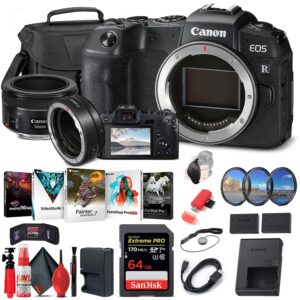canon eos rp mirrorless digital camera (body only) (3380c002), canon ef 50mm lens, mount adapter ef-eos r, 64gb memory card, case, filter kit, corel photo software, lpe17 battery + more (renewed)