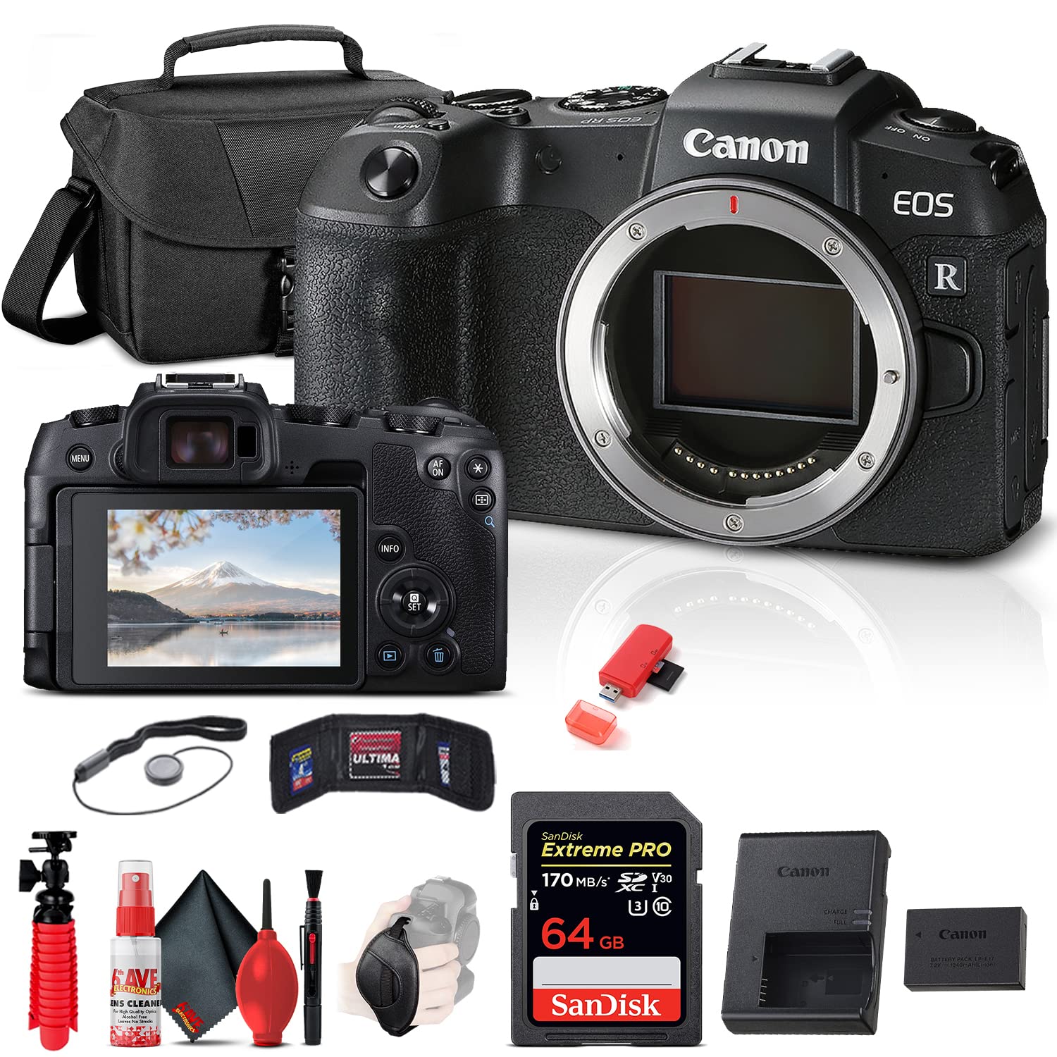 Canon EOS RP Mirrorless Digital Camera Body Only (3380C002), 64GB Memory Card, Case, Card Reader, Flex Tripod, Hand Strap, Cap Keeper, Memory Wallet, Cleaning Kit (Renewed)