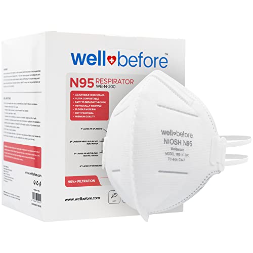 Well Before N95 Mask NIOSH Approved - Respirator Face Masks Individually Wrapped N95 Masks - Pack Of 10, White