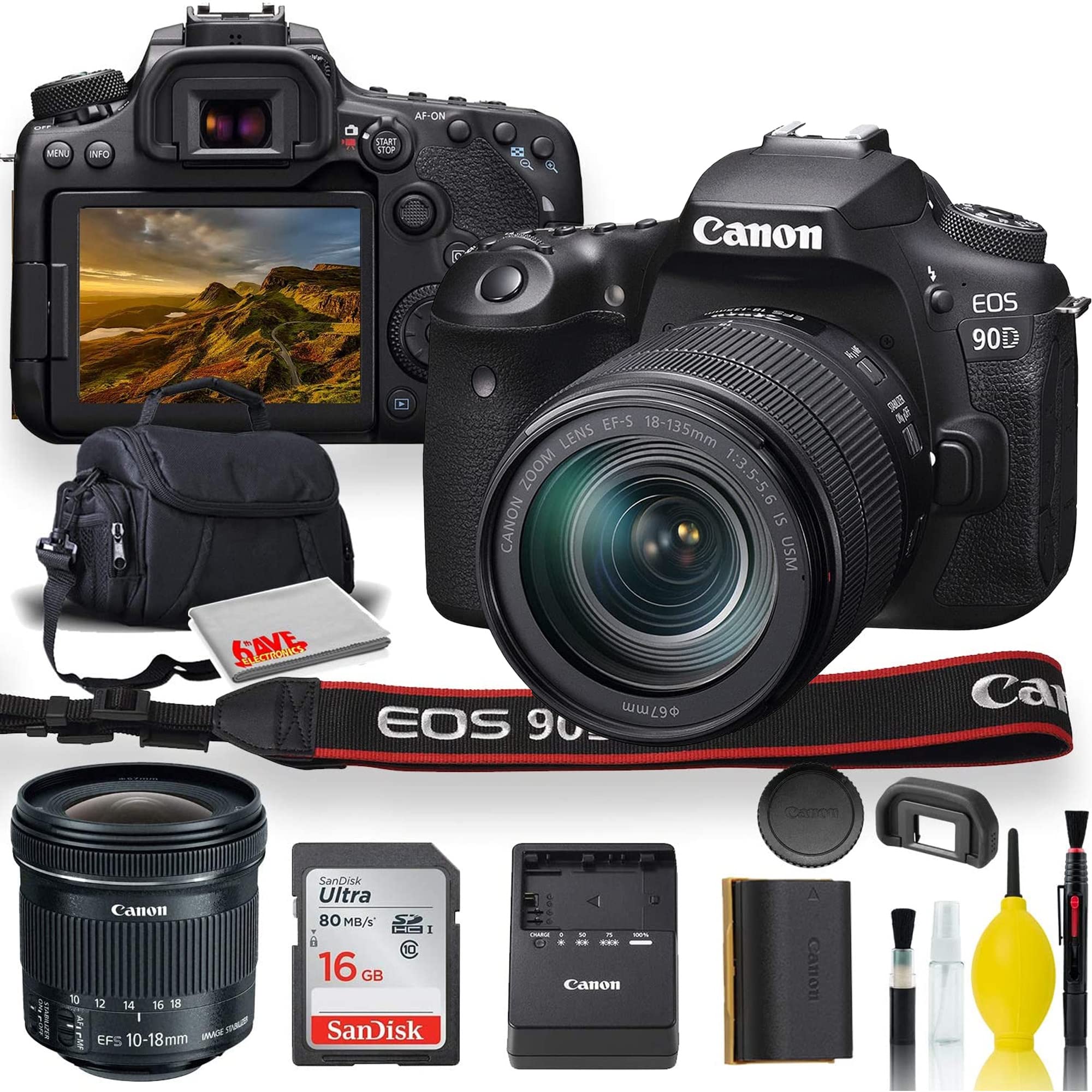 Canon EOS 90D DSLR Camera with 18-135mm Lens, Canon EF-S 10-18mm f/4.5-5.6 is STM Lens, Soft Padded Case, Memory Card, and More (Renewed)