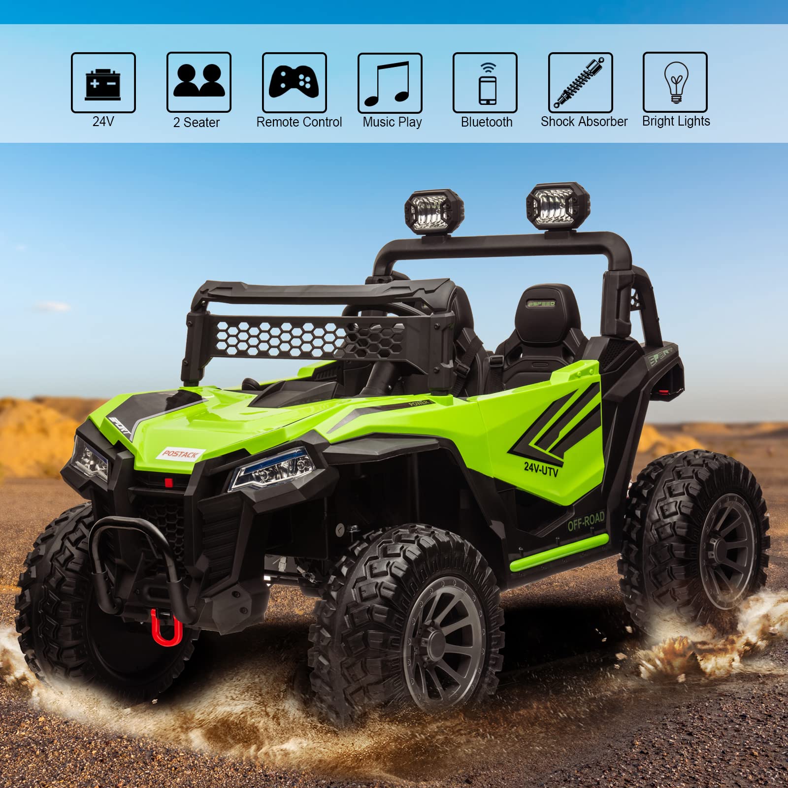 POSTACK 24V 2 Seater 4WD Kids Ride On UTV for Big Kids, Side by Side 4x4 Ride on Off-Road Truck with Parent Remote Control, Battery Powered Electric Car w/High Low Speed, Bluetooth for Boy Girl, Green