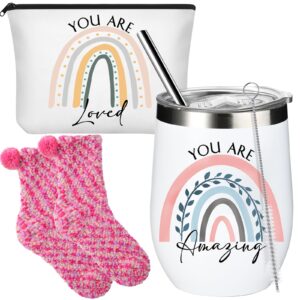 sieral inspirational gift set for women 12oz wine tumbler gift set including cosmetic bag fuzzy socks thank you gift for assistant secretary teacher nurse employee grad gift for student(rainbow)