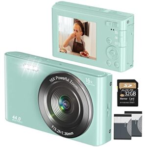 vjianger digital camera for photography, 4k 44mp point and shoot camera with 2.4" screen, 16x digital zoom, vlogging camera for kids tees aldults with 32gb sd card & 2 batteries(dc6-7 green)