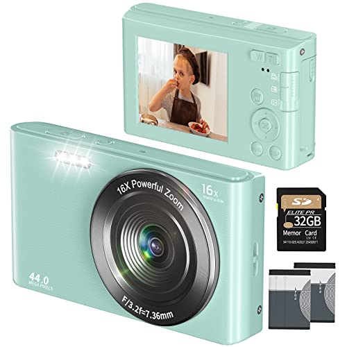 VJIANGER Digital Camera for Photography, 4K 44MP Point and Shoot Camera with 2.4" Screen, 16X Digital Zoom, Vlogging Camera for Kids Tees Aldults with 32GB SD Card & 2 Batteries(DC6-7 Green)