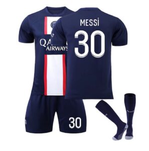 paris messi blue home 22/23 soccer kids jersey + shorts + socks set kit size medium (8-9 years old) for youth