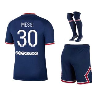 Paris Messi Blue Home 22/23 Soccer Kids Jersey + Shorts + Socks Set Kit Size Medium (8-9 Years Old) for Youth