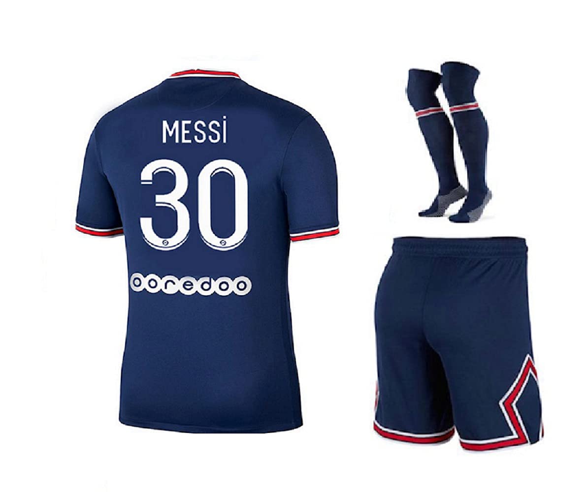 Paris Messi Blue Home 22/23 Soccer Kids Jersey + Shorts + Socks Set Kit Size Medium (8-9 Years Old) for Youth