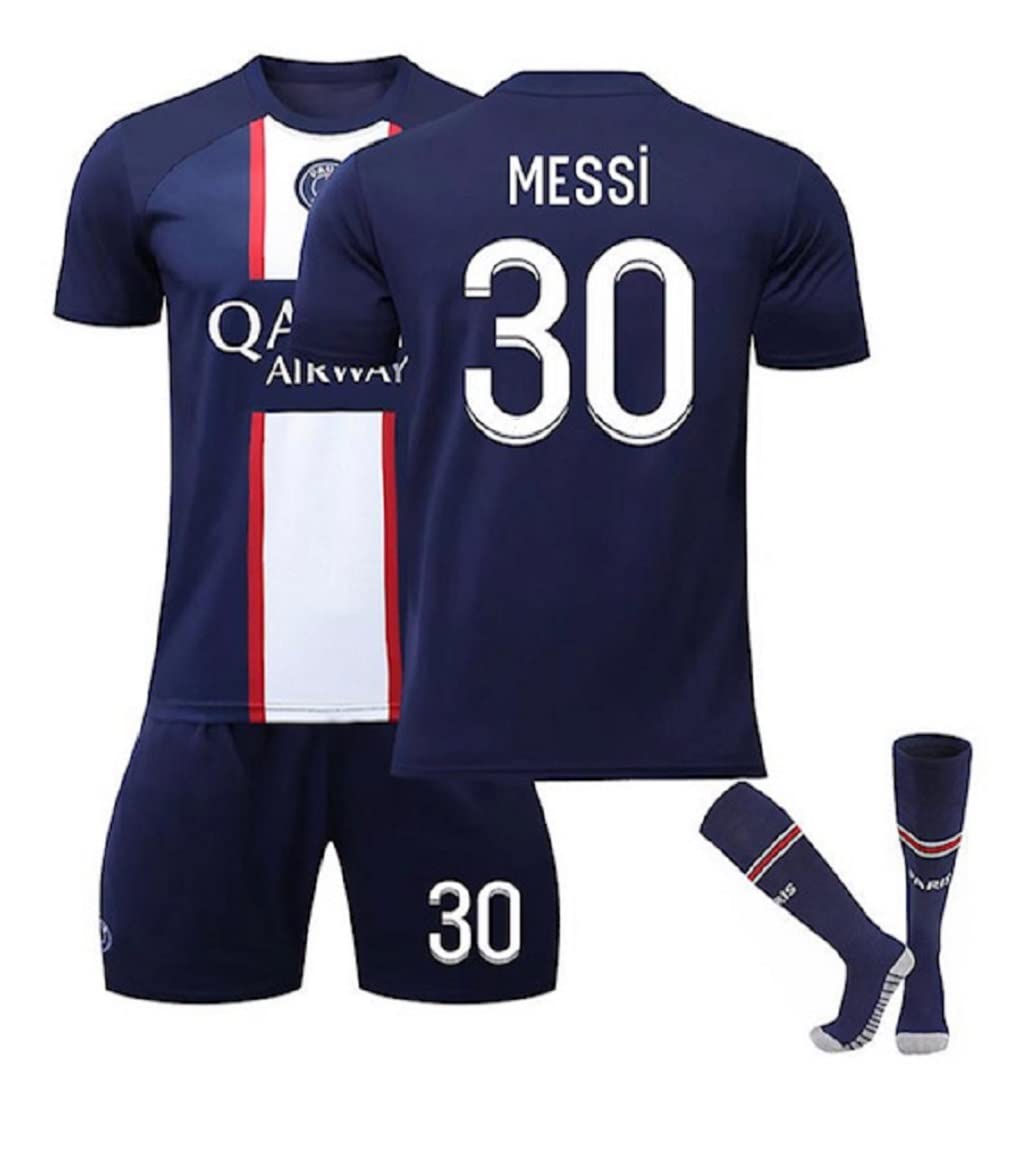 Paris Messi Blue Home 22/23 Soccer Kids Jersey + Shorts + Socks Set Kit Size Medium (8-9 Years Old) for Youth