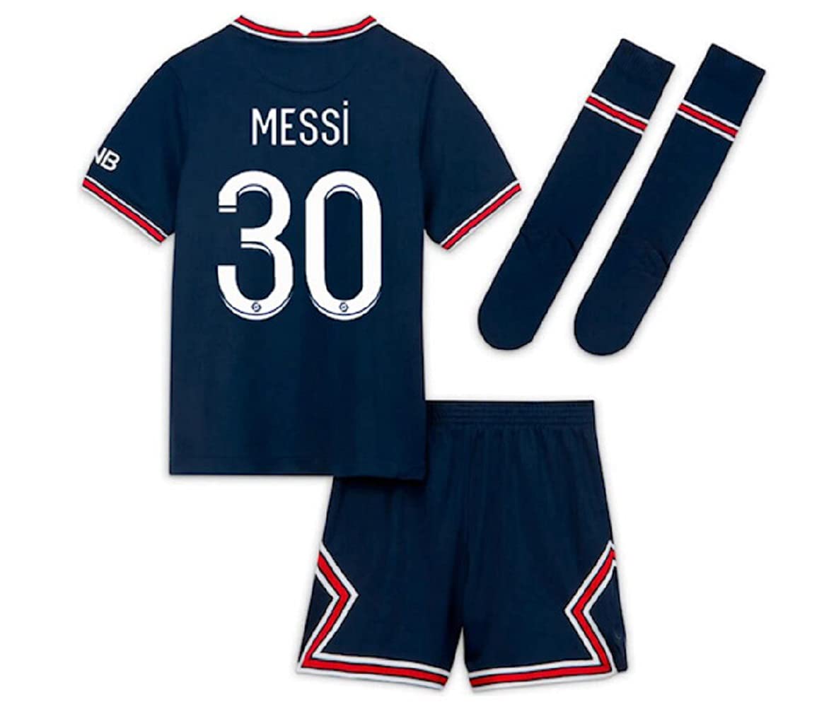 Paris Messi Blue Home 22/23 Soccer Kids Jersey + Shorts + Socks Set Kit Size Medium (8-9 Years Old) for Youth