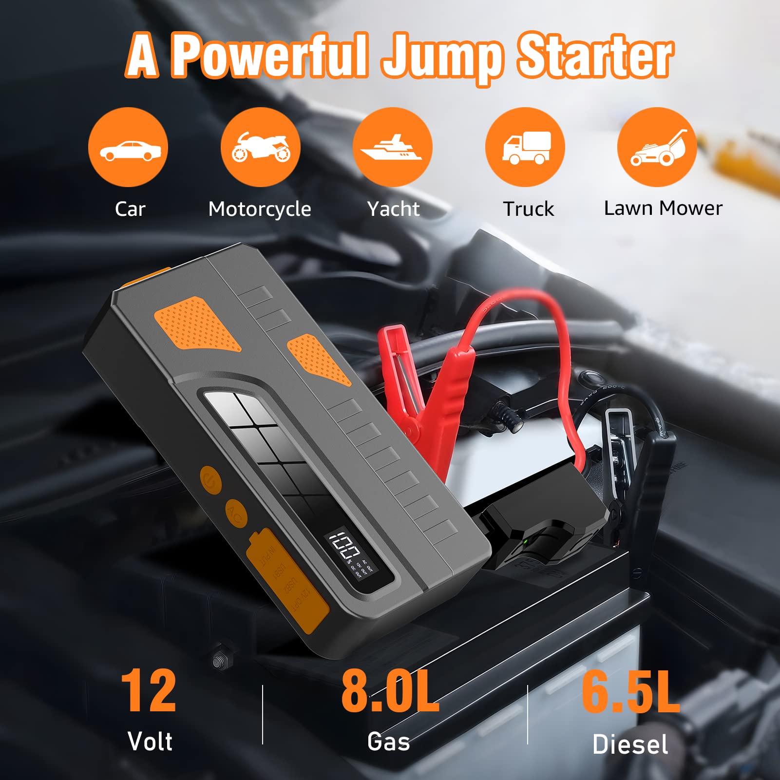 BooKoo Portable Charger Power Bank 66000mWh with Car Jump Starter and 110V AC Outlet, Phone Battery Power Bank with LED Light for 12V Car (8L Gas or 6.5L Diesel) Home Outdoor and Camping