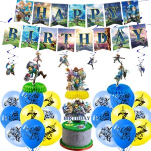 legend game party decorations set, zelda theme birthday supplies include banner, balloons, cake topper and classic zelda party honeycomb for boys and girls