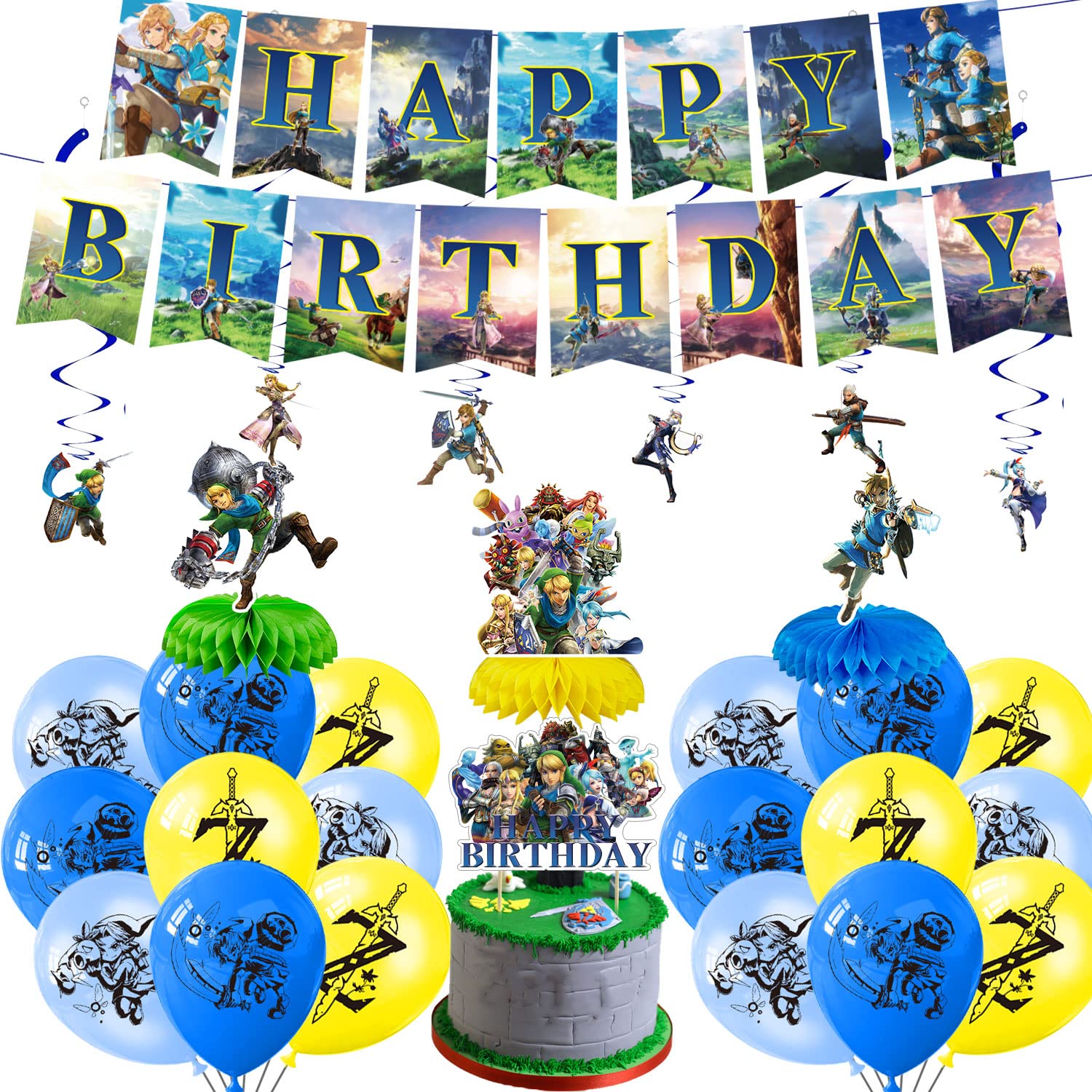 Legend Game Party Decorations Set, Zelda Theme Birthday Supplies Include Banner, Balloons, Cake Topper and Classic Zelda Party Honeycomb for Boys and Girls