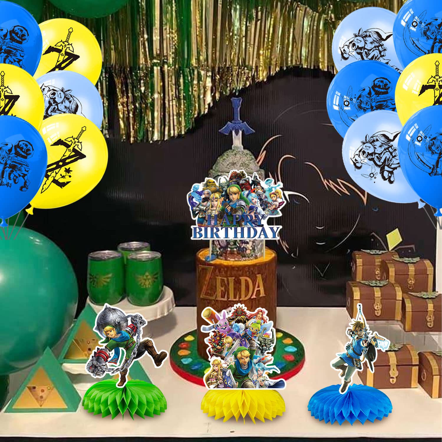 Legend Game Party Decorations Set, Zelda Theme Birthday Supplies Include Banner, Balloons, Cake Topper and Classic Zelda Party Honeycomb for Boys and Girls