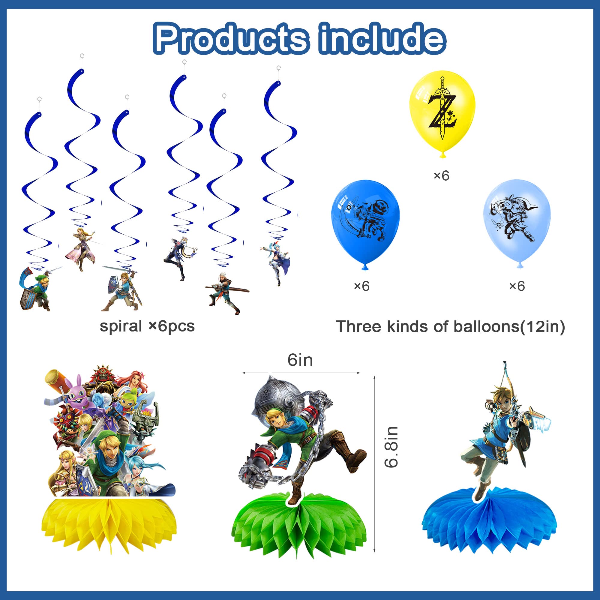 Legend Game Party Decorations Set, Zelda Theme Birthday Supplies Include Banner, Balloons, Cake Topper and Classic Zelda Party Honeycomb for Boys and Girls