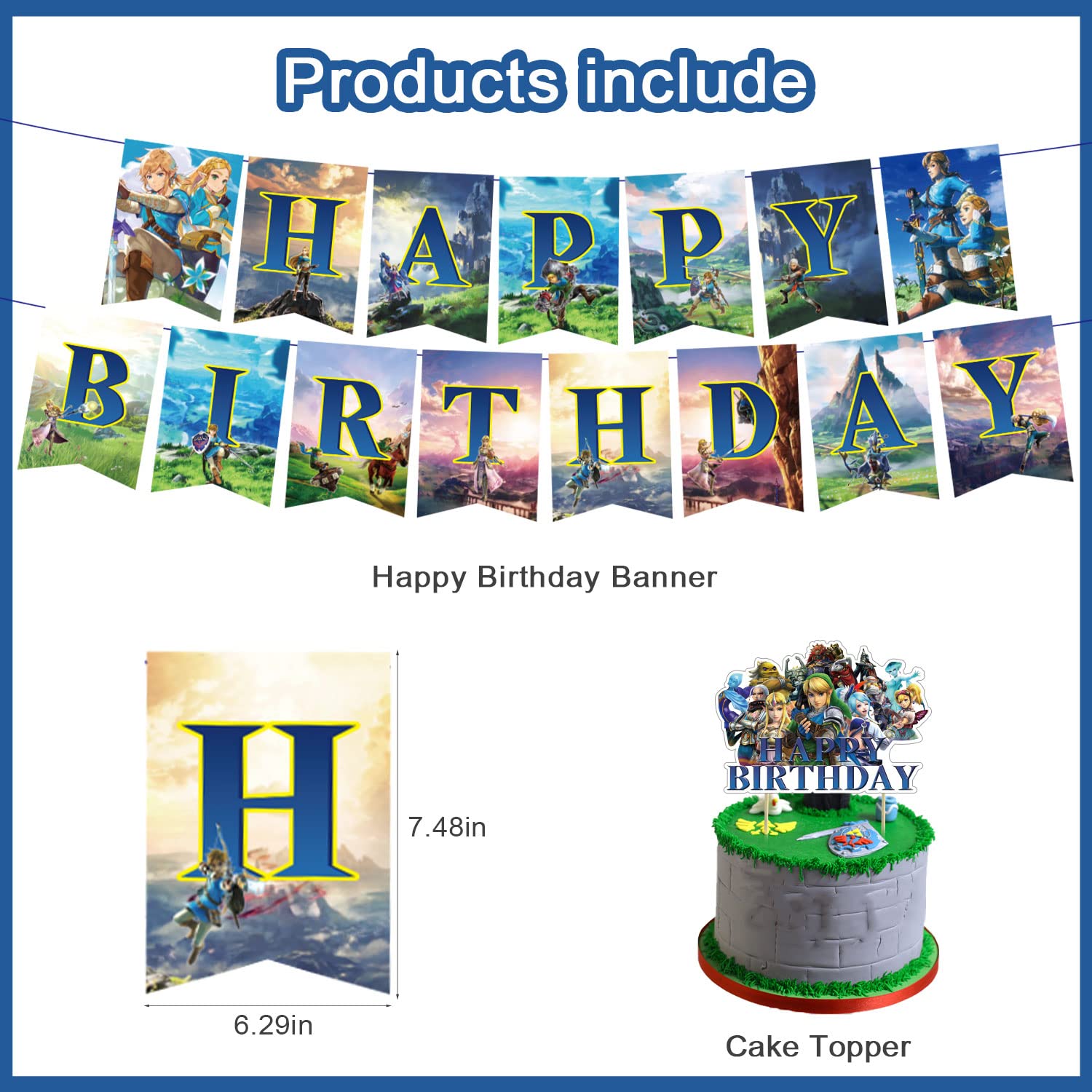 Legend Game Party Decorations Set, Zelda Theme Birthday Supplies Include Banner, Balloons, Cake Topper and Classic Zelda Party Honeycomb for Boys and Girls