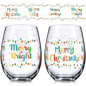 patelai 2 pieces christmas stemless wine glass, 17 oz merry christmas happy holiday wine glass funny mug cup, christmas new year gifts for women men mom dad wife husband
