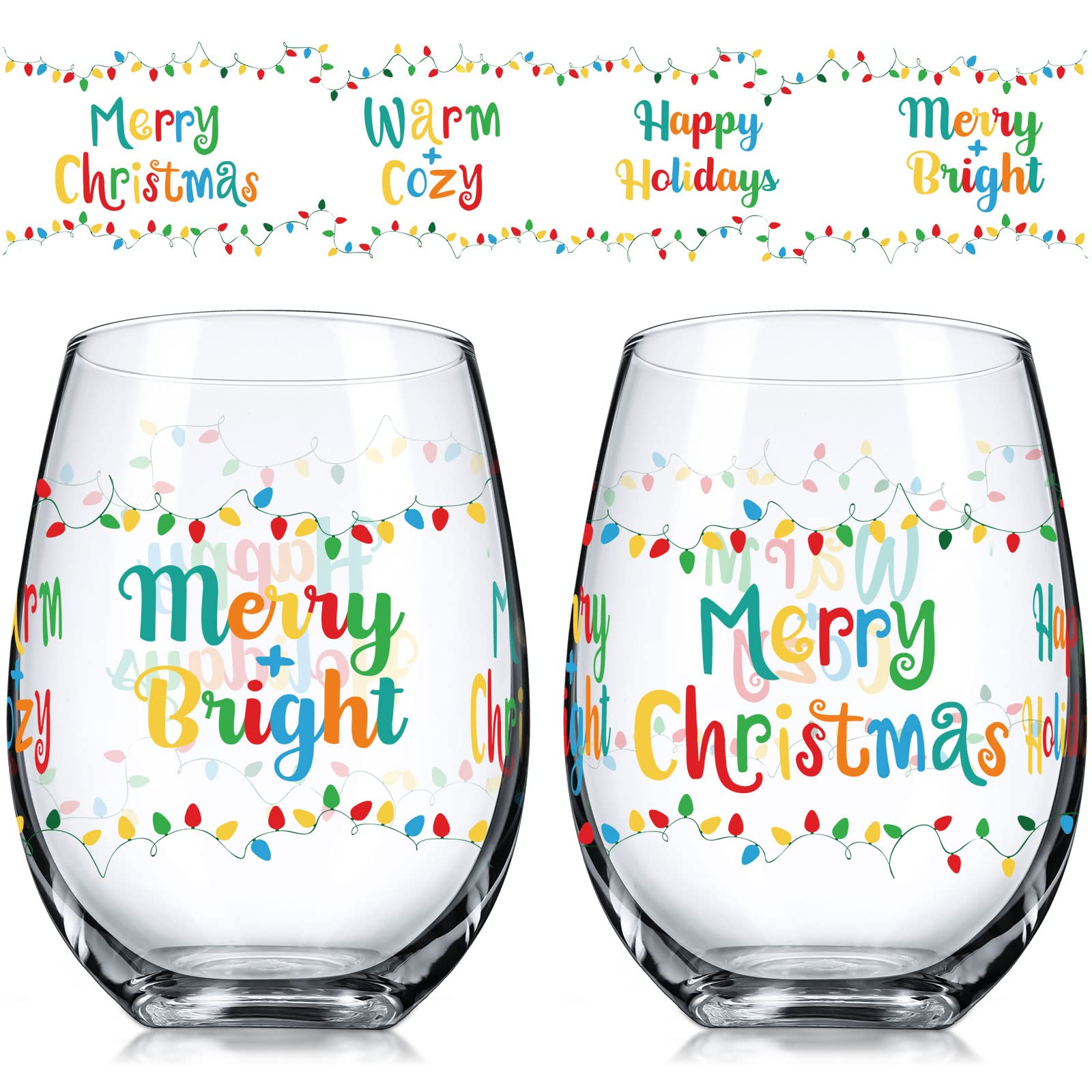 Patelai 2 Pieces Christmas Stemless Wine Glass, 17 oz Merry Christmas Happy Holiday Wine Glass Funny Mug Cup, Christmas New Year Gifts for Women Men Mom Dad Wife Husband