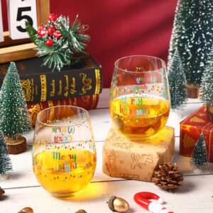 Patelai 2 Pieces Christmas Stemless Wine Glass, 17 oz Merry Christmas Happy Holiday Wine Glass Funny Mug Cup, Christmas New Year Gifts for Women Men Mom Dad Wife Husband