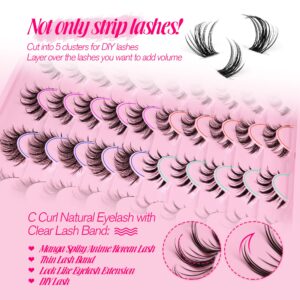 Manga Lashes Natural Look Anime False Eyelashes 20 Pairs Clear Band Individual Wispy Fake Eyelashes Strip Spiky DIY Cluster Lashes Extension C Curl Cat Eye Lashes Pack