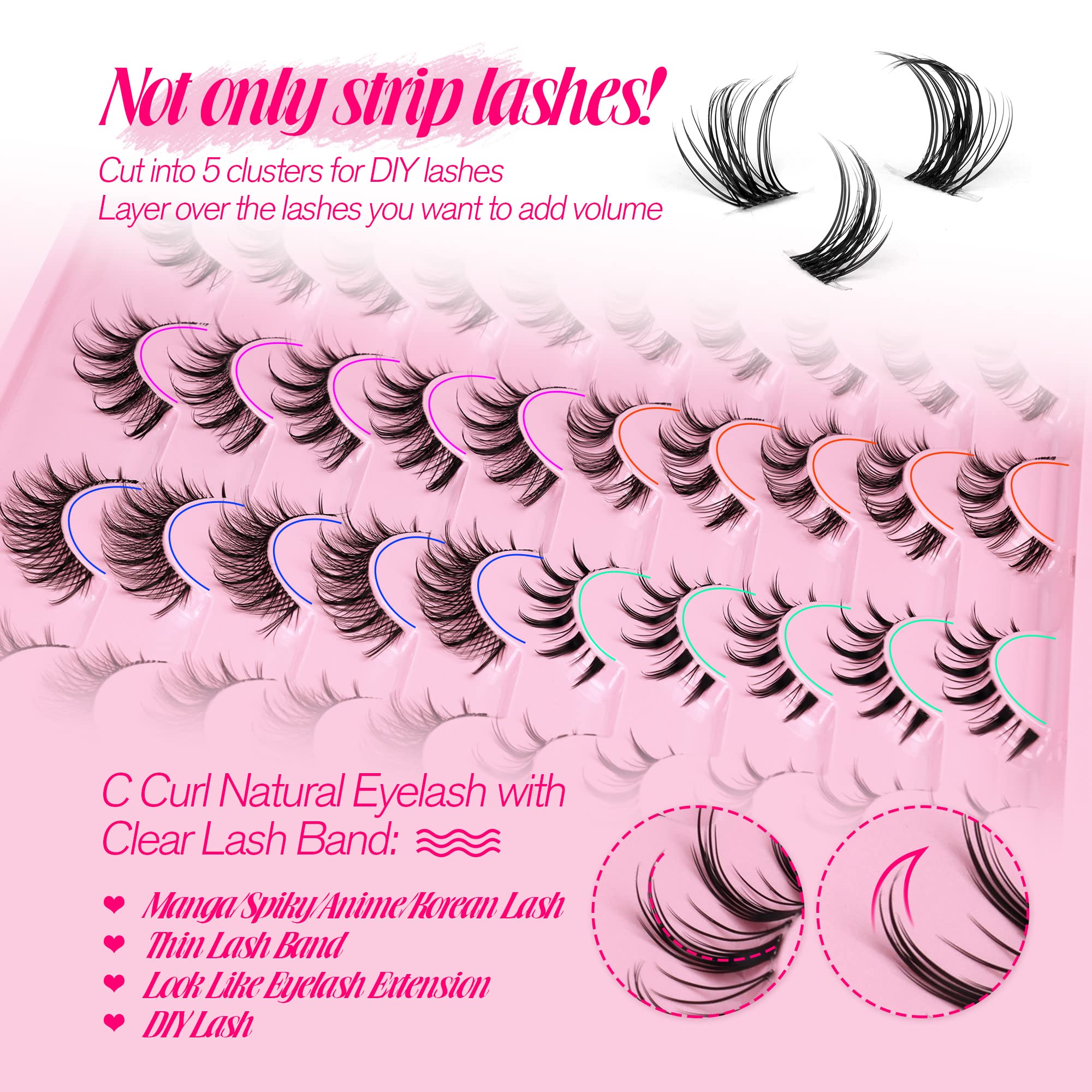 Manga Lashes Natural Look Anime False Eyelashes 20 Pairs Clear Band Individual Wispy Fake Eyelashes Strip Spiky DIY Cluster Lashes Extension C Curl Cat Eye Lashes Pack