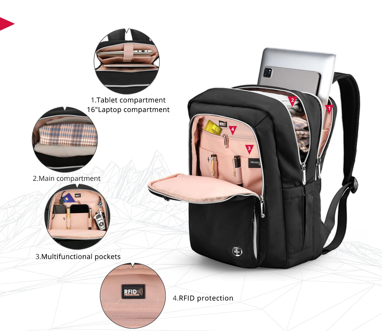 Swissdigital Design Laptop Backpack For Women,College Backpack With Usb Charging Port,Computer Backpacks For Work Business Platinum (KATY ROSE SD1006F-01B)