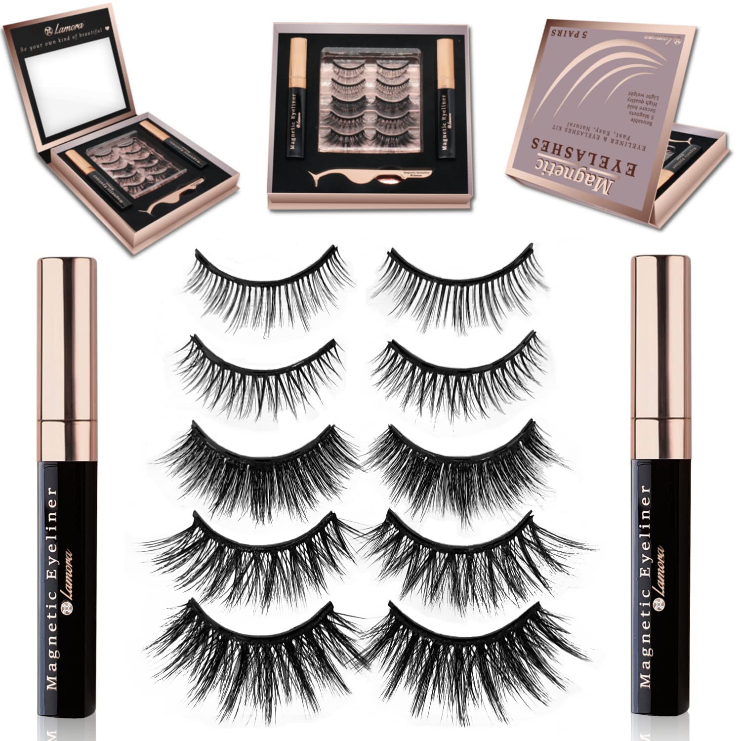 Lamora Reusable False Magnetic Lashes - Fake Magnetic Eyelash Kit With Strong Waterproof Eyeliner, Free Eye Lash Applicator & Protective Gift Storage Box - No Glue False Eyelashes Magnetic Pack