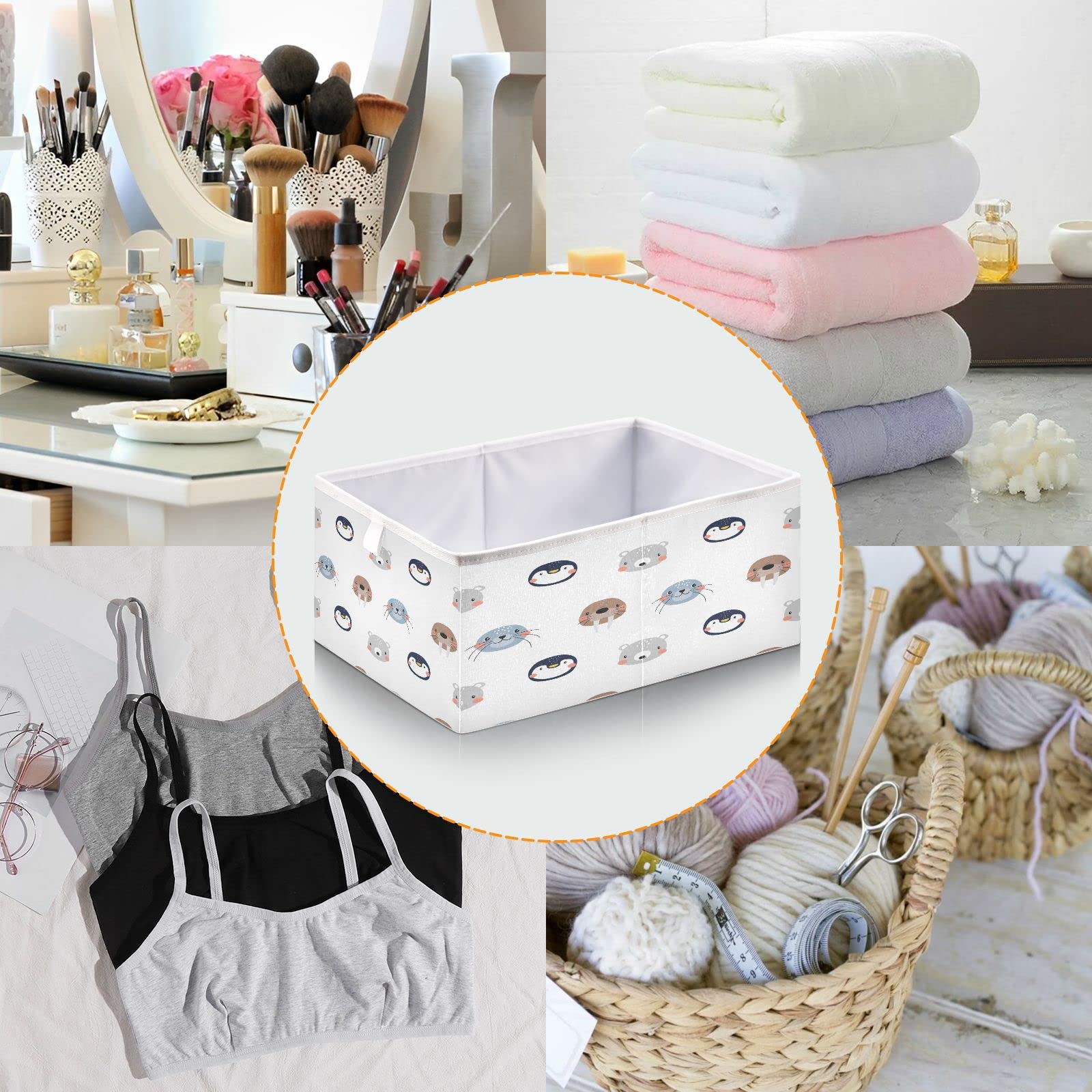 Kigai Cute Arctic Animals Fabric Storage Bin 11" x 11" x 11" Cube Baskets Collapsible Store Basket Bins for Home Closet Bedroom Drawers Organizers