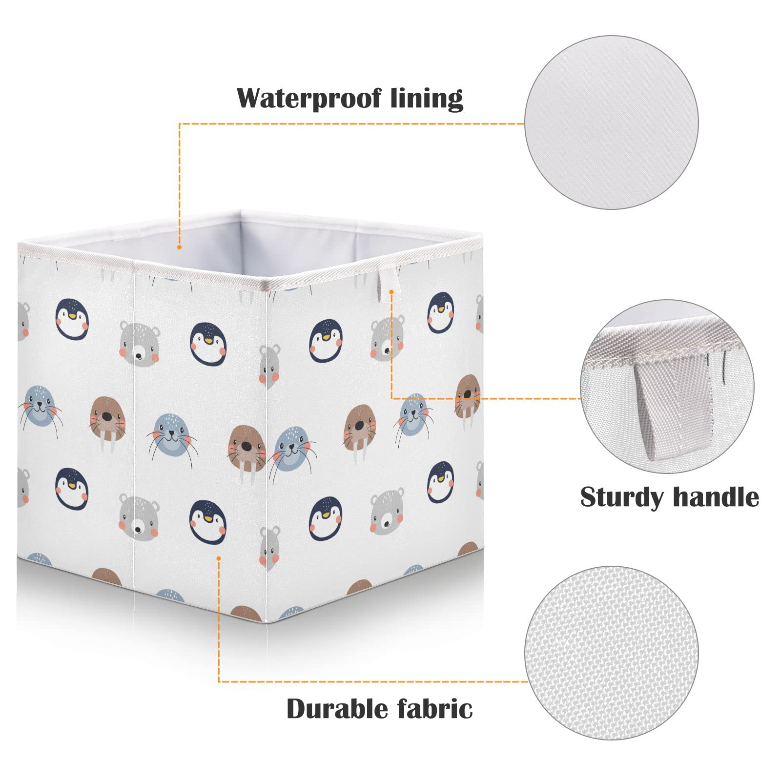 Kigai Cute Arctic Animals Fabric Storage Bin 11" x 11" x 11" Cube Baskets Collapsible Store Basket Bins for Home Closet Bedroom Drawers Organizers