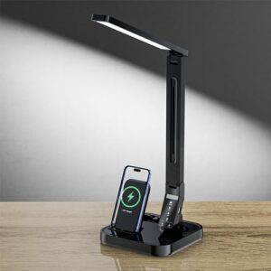 ambertronix led desk lamp, patented vertical wireless charger, 14w, 530 lumens, table lamp with usb charging port, dimmable eye-caring, 5 brightness & 4 light modes, touch control, auto timer