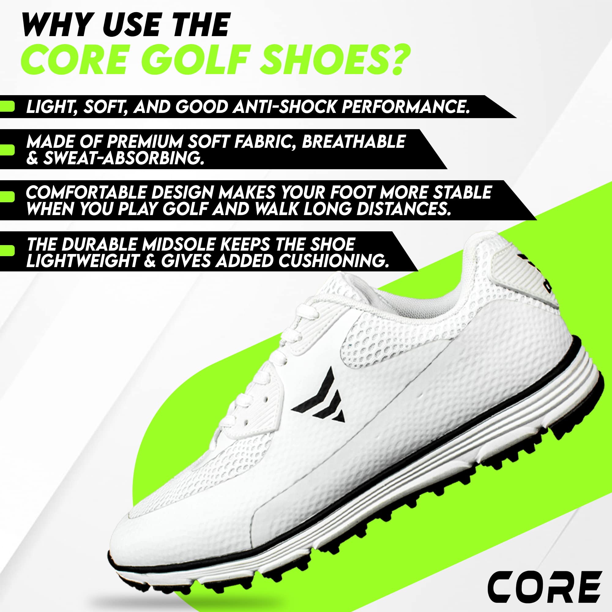 Core Golf Shoes – Water Resistant Golf Shoes for Outdoor Golf Sports and Training - Soft Breathable Lightweight Golf Shoes for Men and Women - Anti-Slip Outsole Cushioning Sneakers White